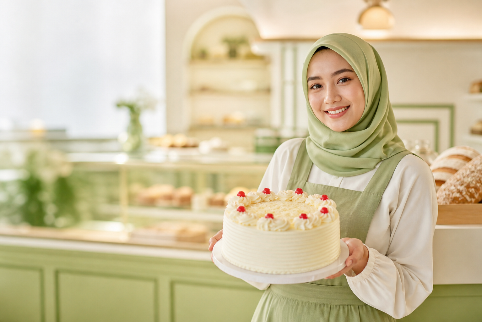 Staf Beensae berhijab menawarkan kue tart